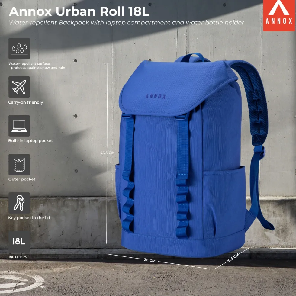Annox Urban Roll 18L – Water-repellent Backpack With Laptop Compartment And Water Bottle Holder