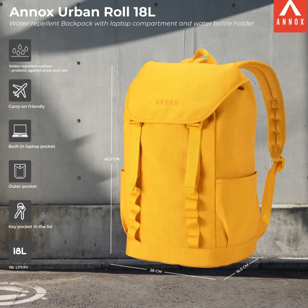 Annox Urban Roll 18L – Water-repellent Backpack With Laptop Compartment And Water Bottle Holder